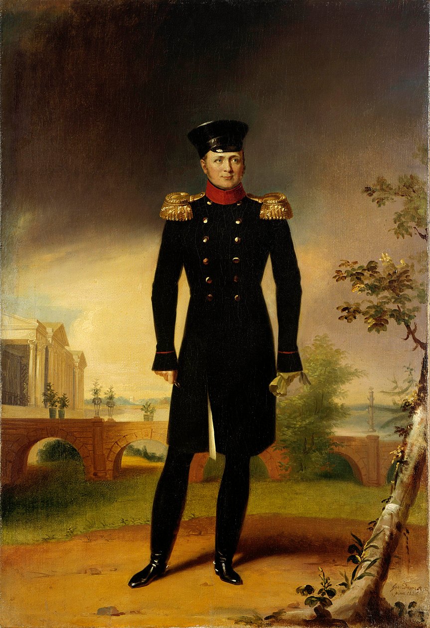 将校姿のロシア皇帝アレクサンドル1世（1777-1825）（大王）の肖像 ジョージ・ドーウ（1781-1829）の絵画 サンクトペテルブルク。エルミタージュ美術館 作： ジョージ・ドー