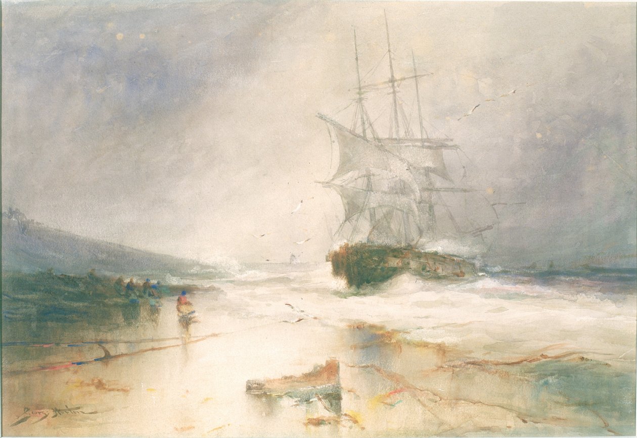 サルウィンの難破船、サウス シールズ サンズ (紙に鉛筆と水彩) 作： ジョージ・エドワード・ホートン