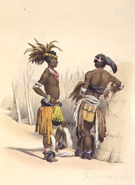 ウンバンブとウンペングル、踊りの衣装を着た若いズール人、「The Kafirs Illustrated」のプレート15。 作： ジョージフランス語（後）アンガス