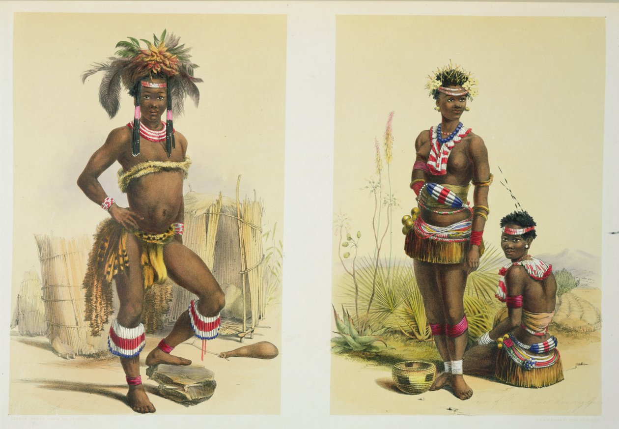 N&39;Pae a Young Zulu in Gala Dress and Two of King Panda&39;s Dancing Girls、plate 19 from &39;The Kafirs Illustrated&39;、1849 作： ジョージフレンチアンガス