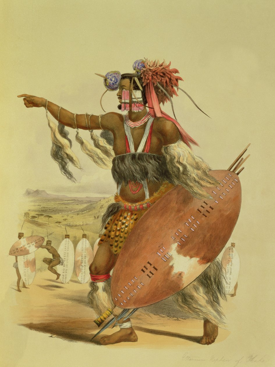 ズールー族の戦士、ウティムニ、故ズールー族の王、チャカの甥、1849年の「カフィルズイラストレイテッド」のプレート13 作： ジョージフレンチアンガス