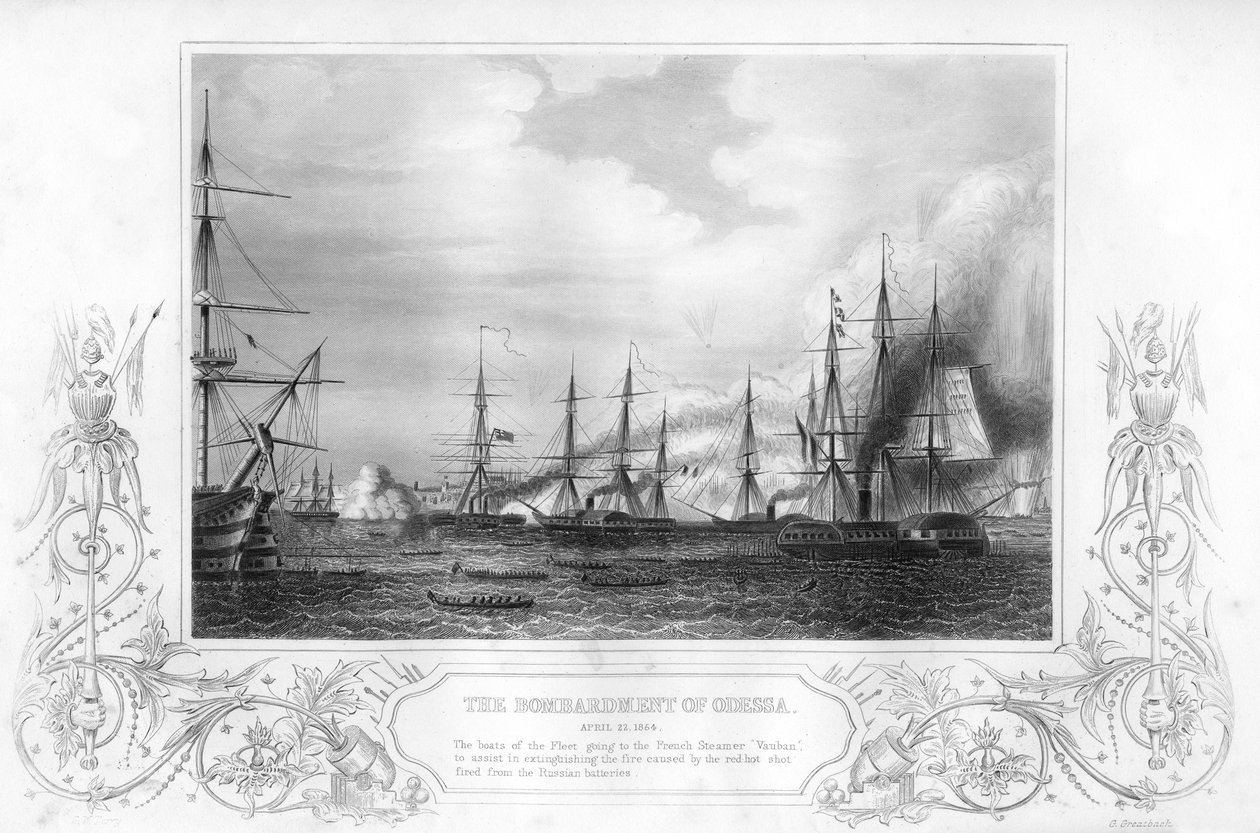 クリミア戦争、1854年、1857年のオデッサ、ウクライナの爆撃。 作： ジョージ・グレートバッチ
