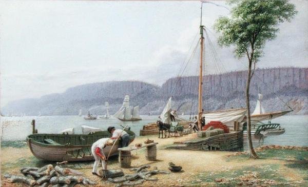 午後 - ヘイスティングスランディング影の中のパリセード・ロック、ニューヨーク、1836年頃（水彩、グワッシュ、グラファイト、紙 作： ジョージ・ハーベイ