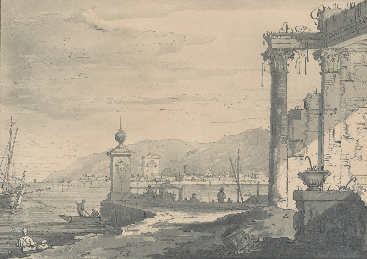 1811 年、右側に古典的な廃墟がある海岸の風景。 作： ジョージ・ホーキンス