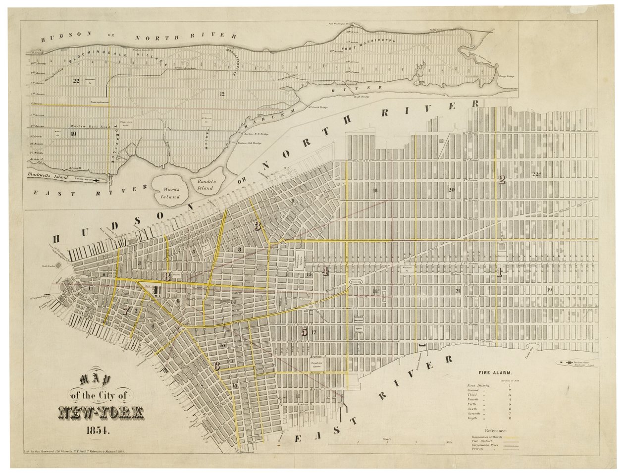 ニューヨーク市の地図、1854年（彫刻、紙にインク） 作： ジョージ・ヘイワード