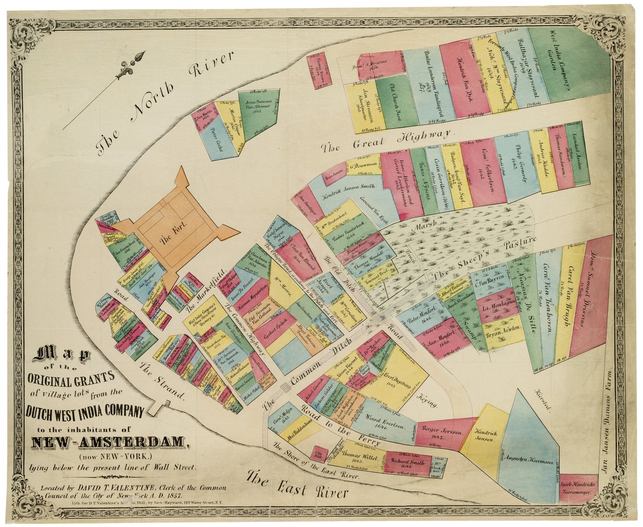 1857年のウォール街の現在の境界線の下に横たわるオランダ西インド会社からニューアムステルダム（現在はニューヨーク）の住民に対する村の区画の最初の許可の地図 作： ジョージ・ヘイワード