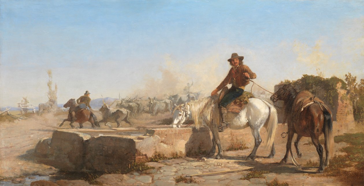 1853年にローマのカンパーニャで馬に水をまくブッテロ 作： ジョージ・ヘミング・メイソン