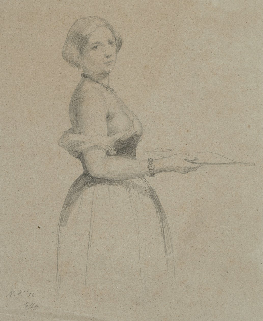 1856年の若い女性の肖像画（黄褐色の紙に黒鉛を塗ったもの） 作： ジョージ・ヘンリー・ホール