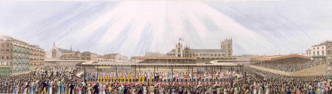 1821年7月19日、ウェストミンスターホールから修道院までのジョージ4世の戴冠式行列の眺め（アクアチント） 作： ジョージ・ハンフリー