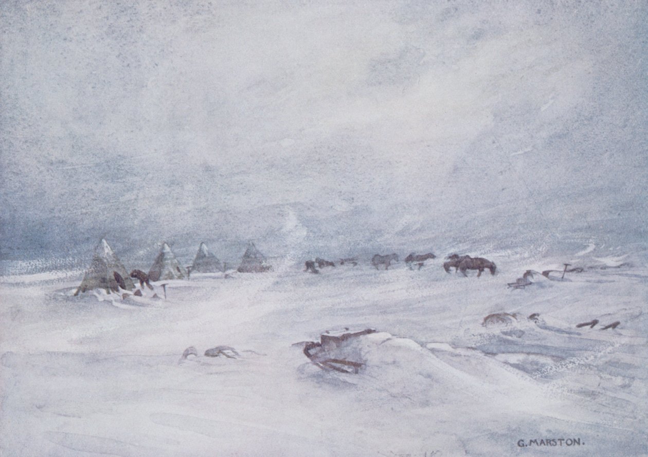 アーネスト・シャックルトン卿（1874-1922）の著書「Nimrod in the Antarctic 1907-09」に掲載されたイラスト「A Blizzard on the Barrier」。 作： ジョージ・マーストン