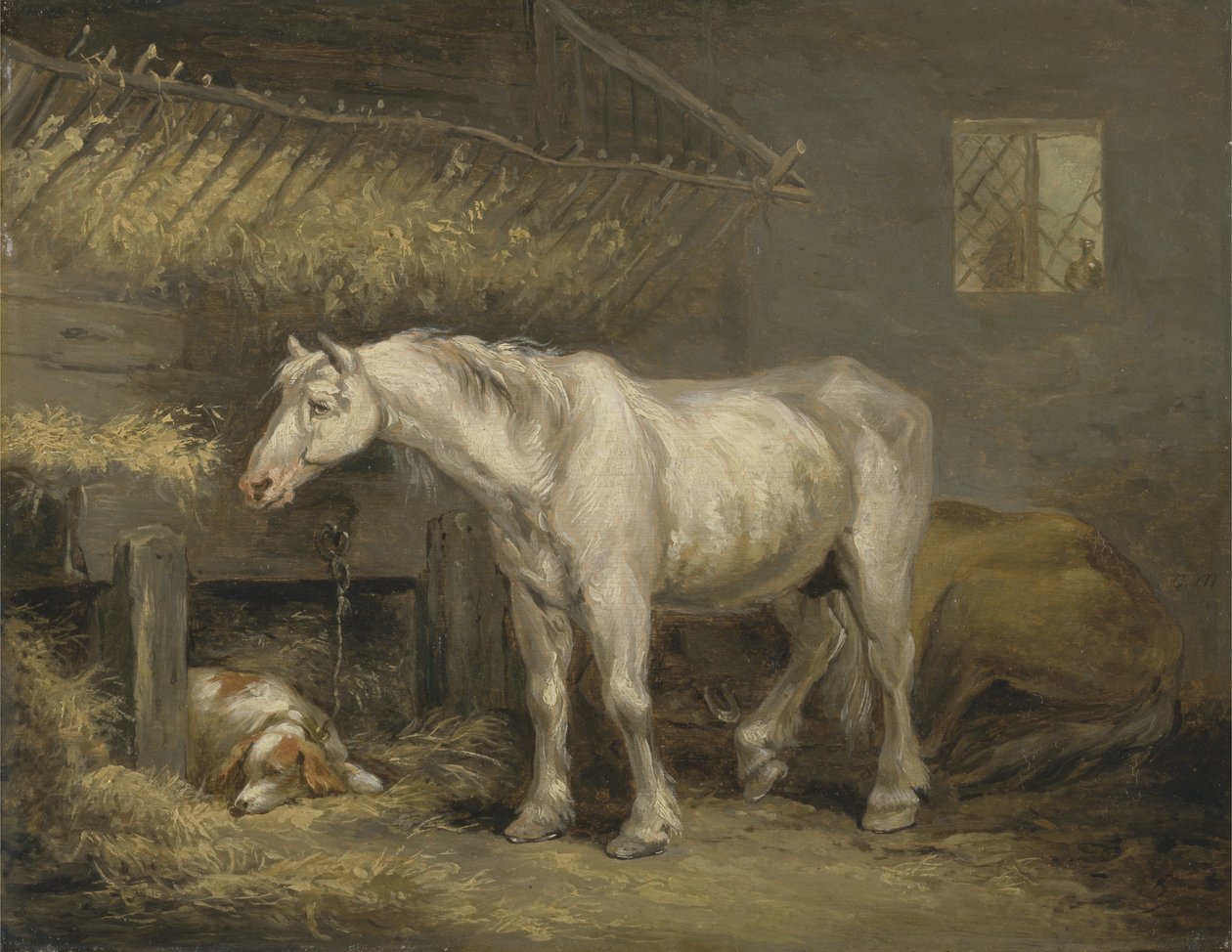 馬小屋に犬を連れた老馬、1791年頃（パネルに油彩） 作： ジョージ・モーランド