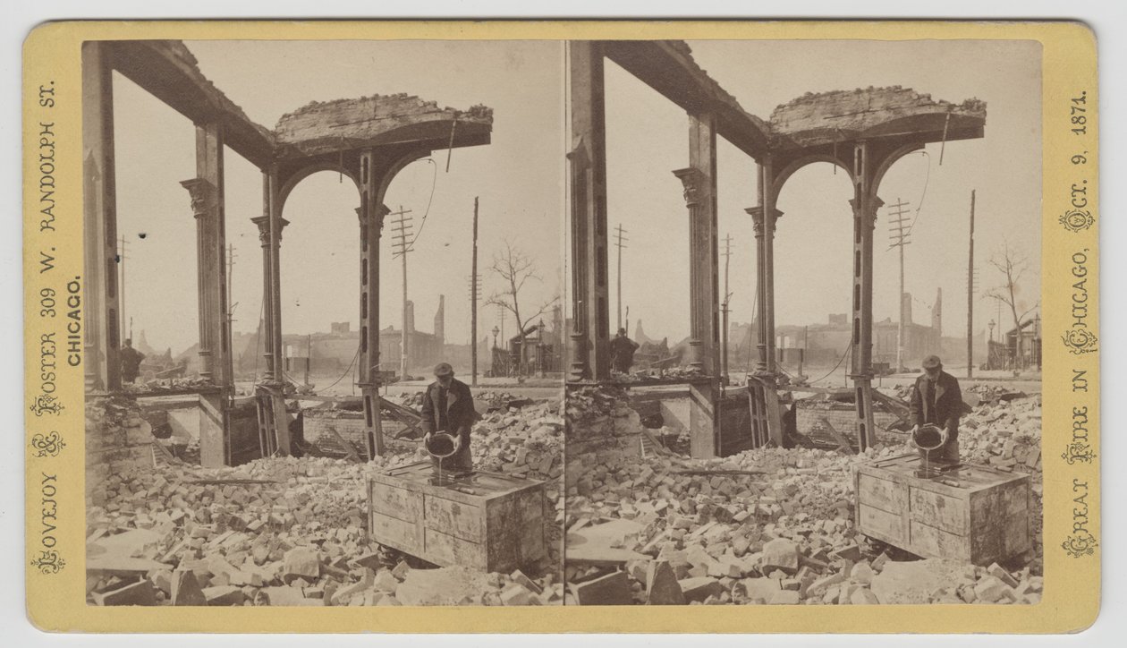 1871年、1871年のシカゴ火災後の遺跡の中で金庫を冷やす男の立体写真（カードマウントのbw写真） 作： ジョージ・N・バーナード