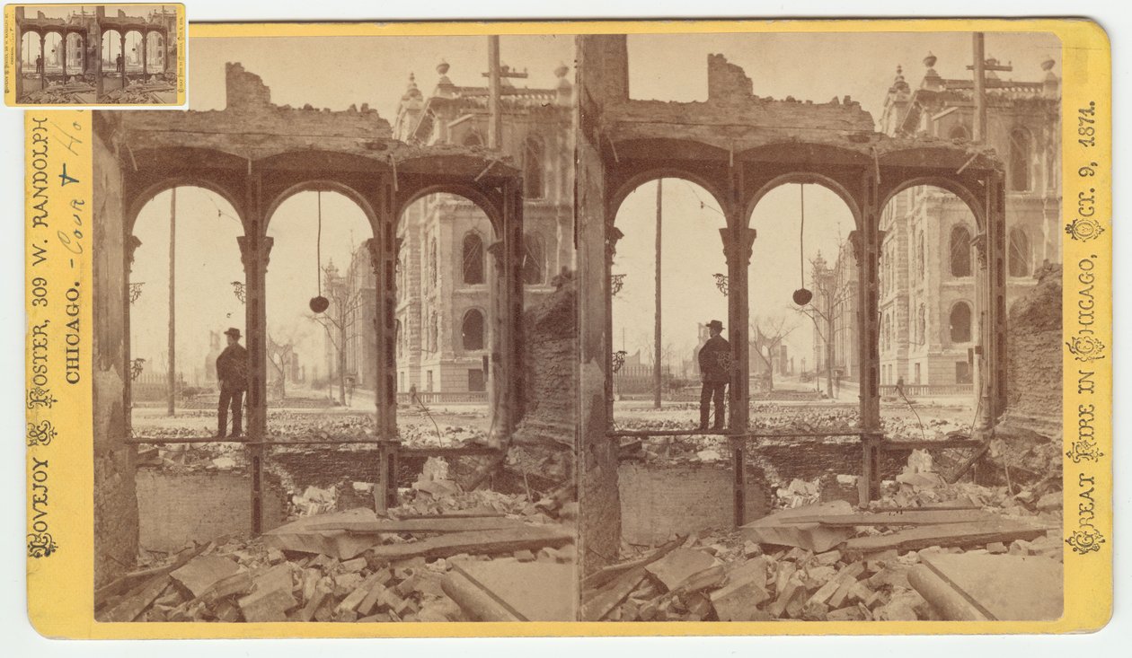 1871年、1871年のシカゴ火災後のクラークストリートの東側の遺跡を通して見た裁判所の立体写真（カードマウントのbw写真） 作： ジョージ・N・バーナード