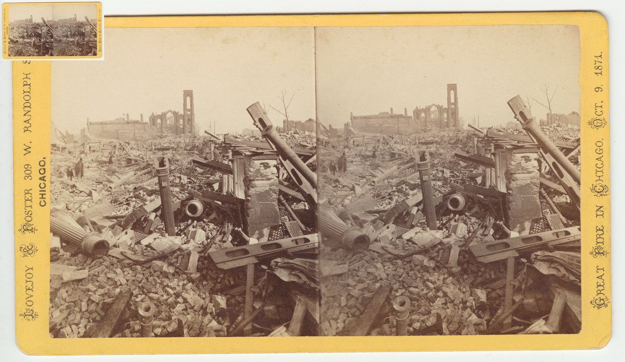 1871年、1871年のシカゴ火災後のマンモスストアオブフィールド＆レイターの遺跡の立体写真（カードマウントのbw写真） 作： ジョージ・N・バーナード