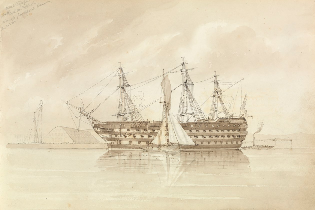 シアネス沖のHMS「トラファルガー」（1850年12月28日、「シャノン号」より 作： ジョージ・ペシェル・メンズ