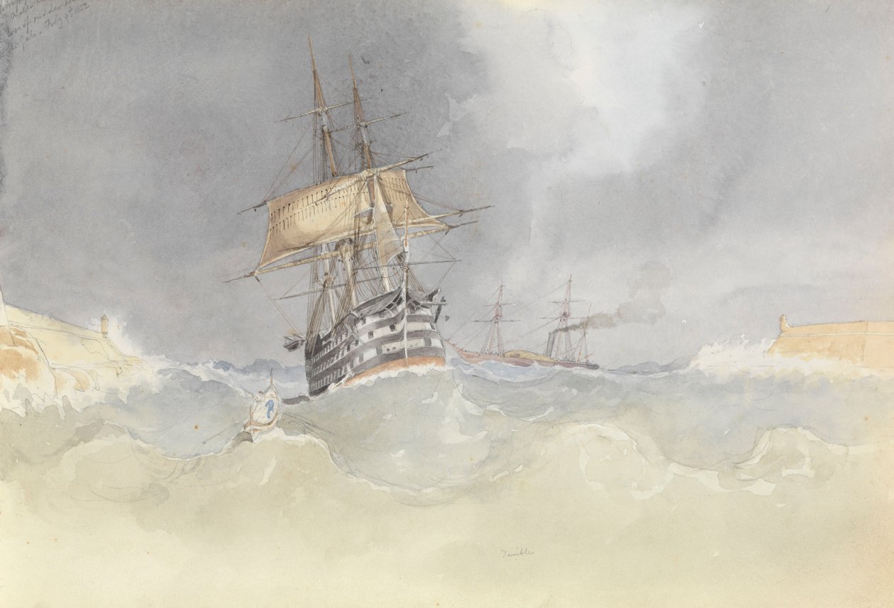 強風で舵を失い、マルタ港に入港するHMS「トラファルガー」（1852年2月9日 作： ジョージ・ペシェル・メンズ
