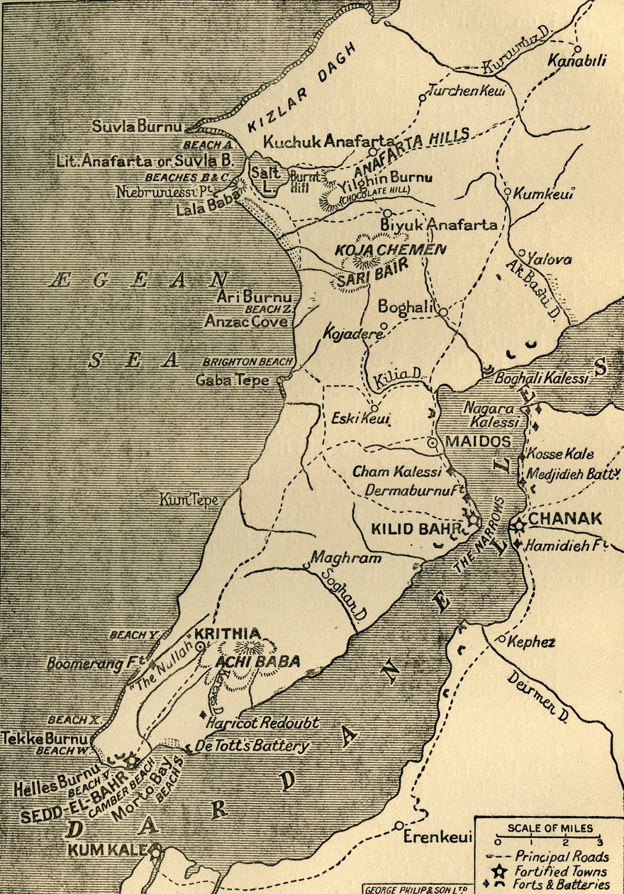ガリポリ半島の地図、1919年。 作： ジョージフィリップアンドサン