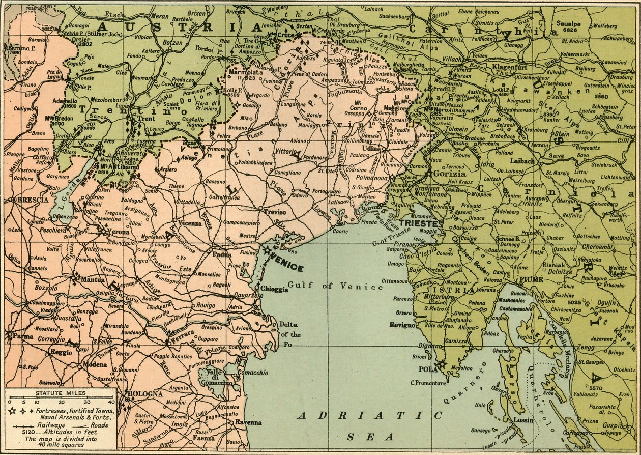 1919年のイタリア戦線の地図。 作： ジョージフィリップアンドサン