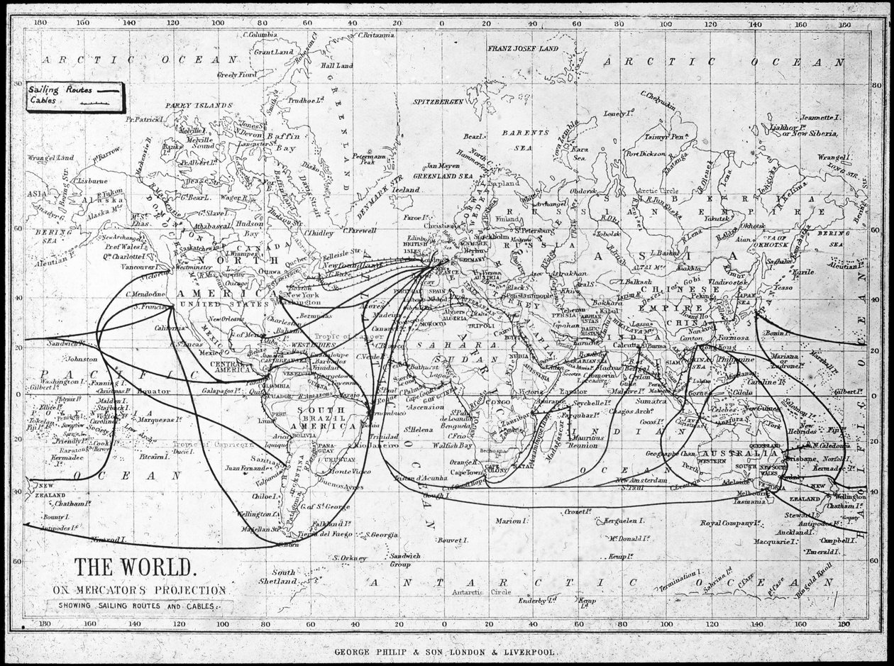 航路と電信ケーブルを示す世界の地図、c1893 作： ジョージフィリップアンドサン