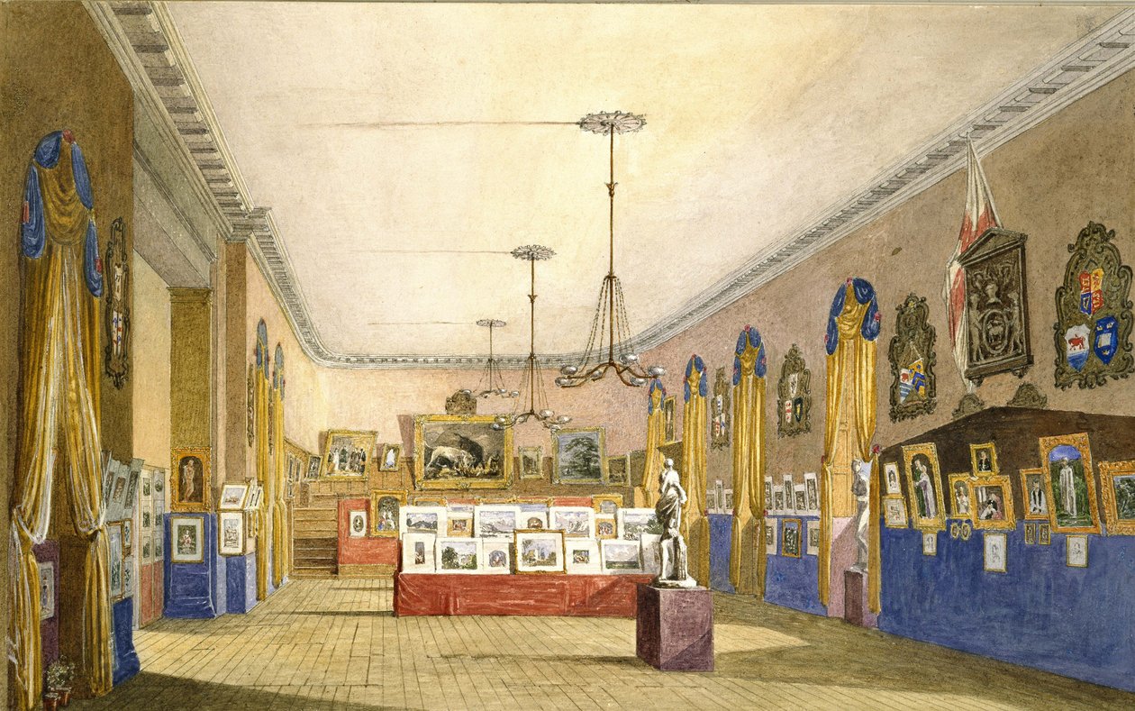 1854年、オックスフォードの旧市庁舎での展示会（オリジナルの台紙に置かれた、硬い紙に鉛筆で描いた水彩画とボディカラー） 作： ジョージ・パイン