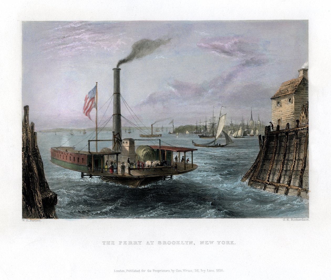 アメリカ合衆国、ニューヨーク州ブルックリンのフェリー、1838年。 作： ジョージ・リチャードソン