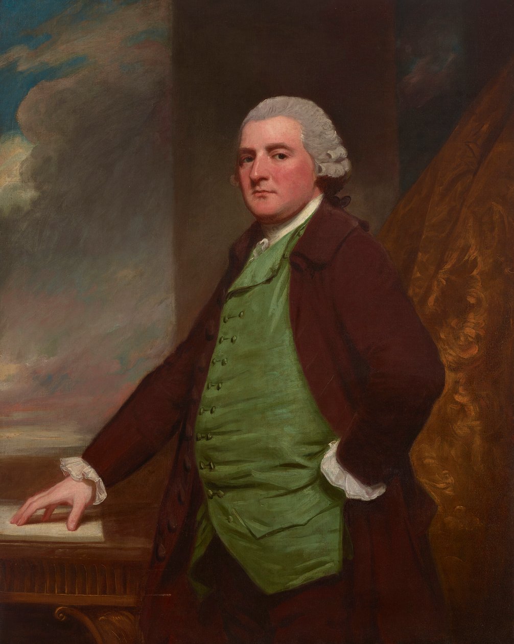 ブリストル、クリフトンのジェームズ・クロスの肖像（1739-1791）、4分の3身長、テーブルとその向こうの風景 作： ジョージ・ロムニー