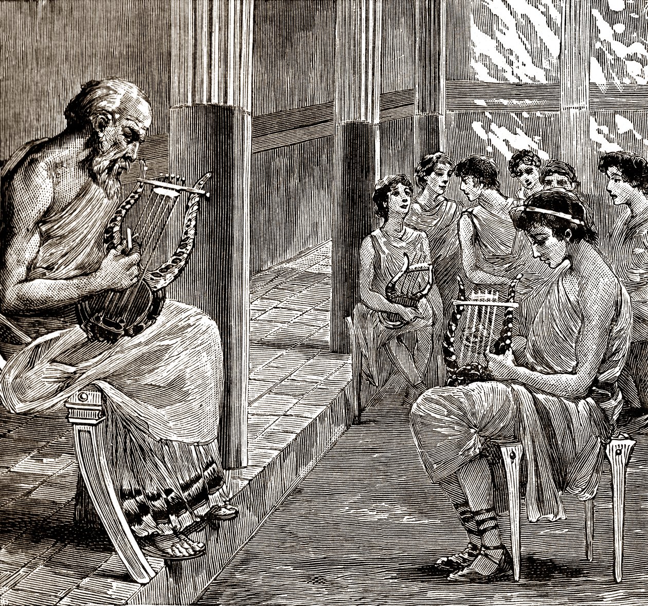 古代ギリシャの学校：教師が生徒に竪琴を教える。 作： ジョージ・ルー