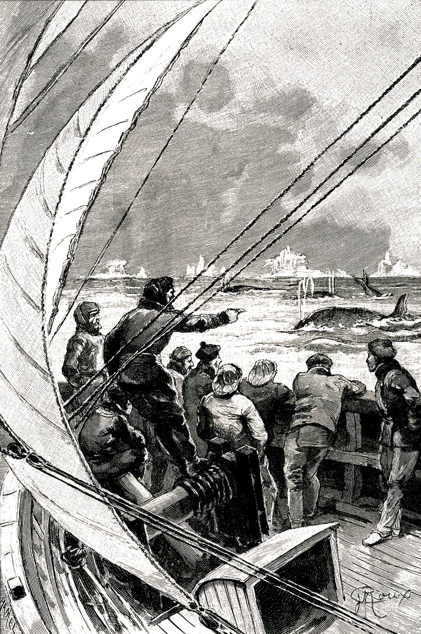 極地に向かう海上で、船（ヨット）の乗組員がクジラの群れを見ている。ジュール・ヴェルヌ(1828-1905)の小説「氷のスフィンクス」の挿絵。 作： ジョージ・ルー