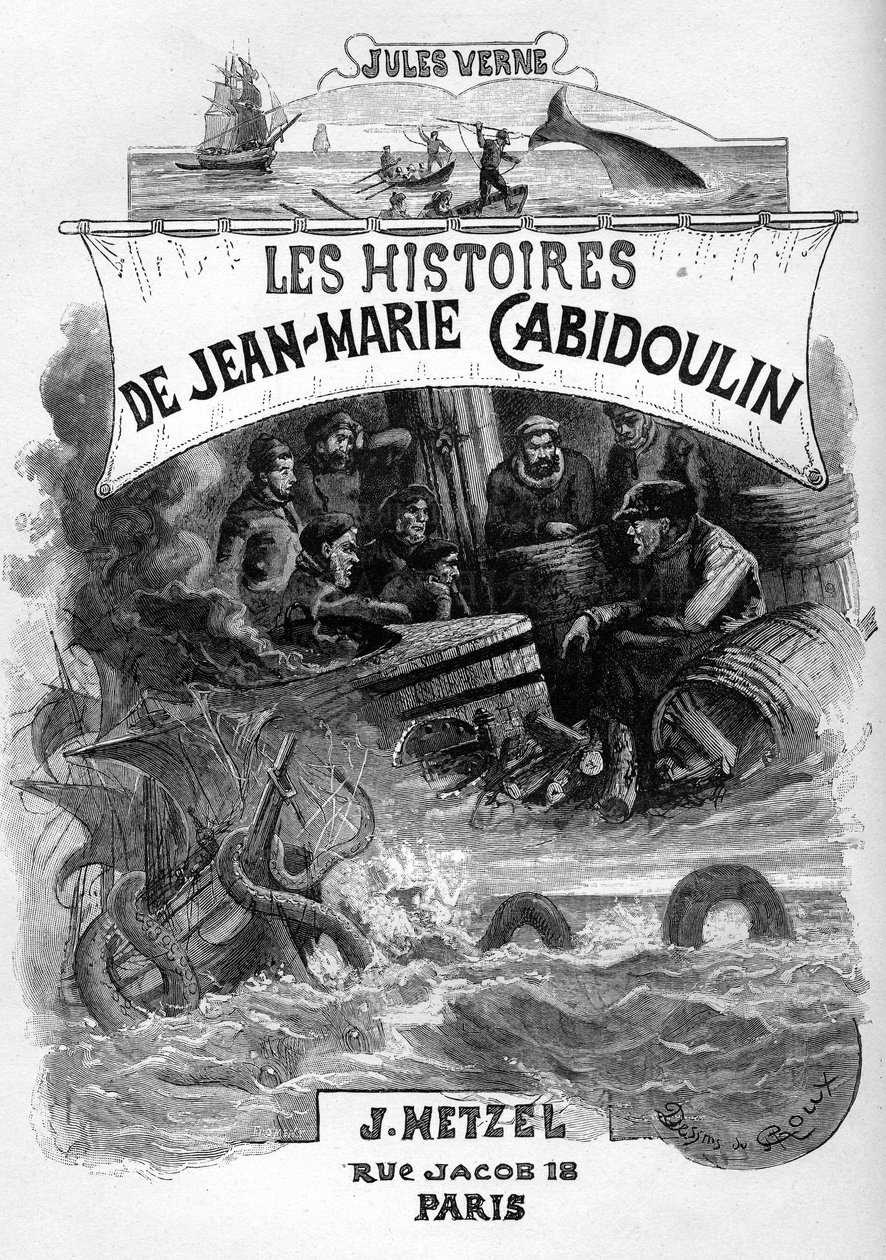 ジュール・ヴェルヌの小説 "Les histoires de Jean-Marie Cabidoulin"(1901)の扉絵、ヘッツェル・コレクション/外伝、ジョルジュ・ルーの挿絵。「海上シーンの喚起：クジラの銛打ち、ウミヘビによる船の襲撃" 作： ジョージ・ルー