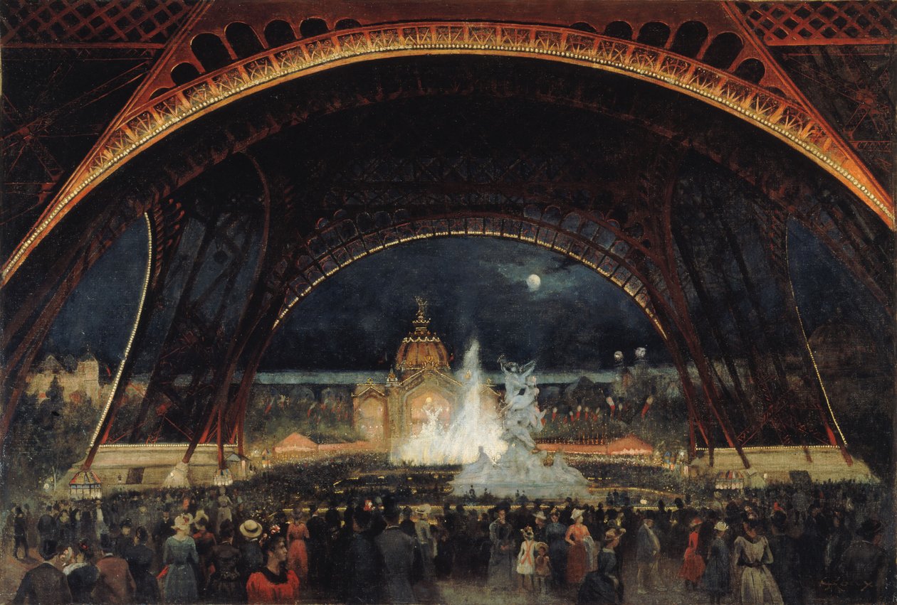 1889 年の万国博覧会での夜のパーティー、エッフェル塔の下、c. 1889年。 作： ジョージ・ルー