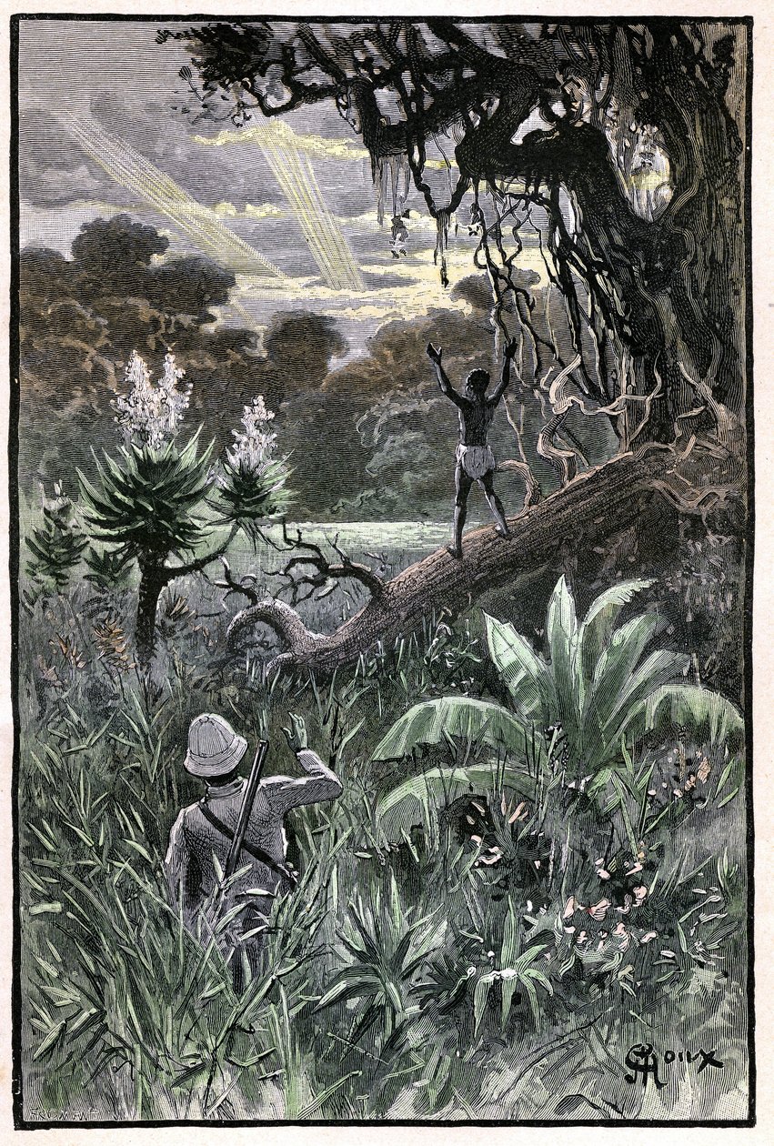 ジュール・ヴェルヌの著書 "The Aerien Village"(1901年)のためのGeorge Rouxによる挿絵、Hetzel版/Extraordinary Voyages, Known and Unknown Worlds。アフリカの森（コンゴ）の眺め。 作： ジョージ・ルー