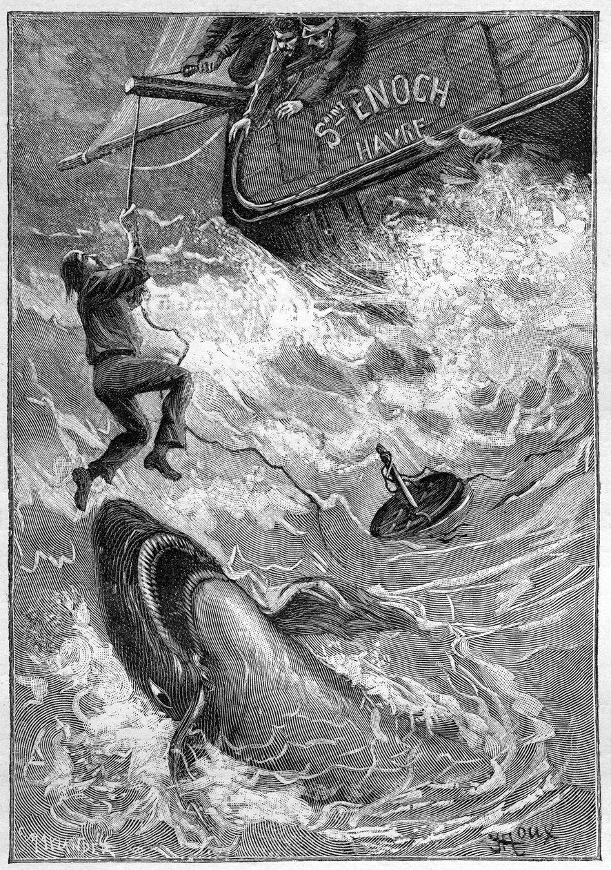 ジュール・ヴェルヌの小説 "Les histoires de Jean-Marie Cabidoulin" (1901), Hetzel Collection/Extraordiaires, イラスト：George Roux."海上の光景：太平洋でサメに襲われる船員" 作： ジョージ・ルー