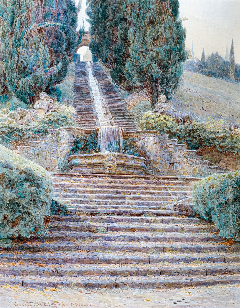チコーニャ荘の滝、イタリア、1901年（水彩画） 作： ジョージ・サミュエル・エルグッド