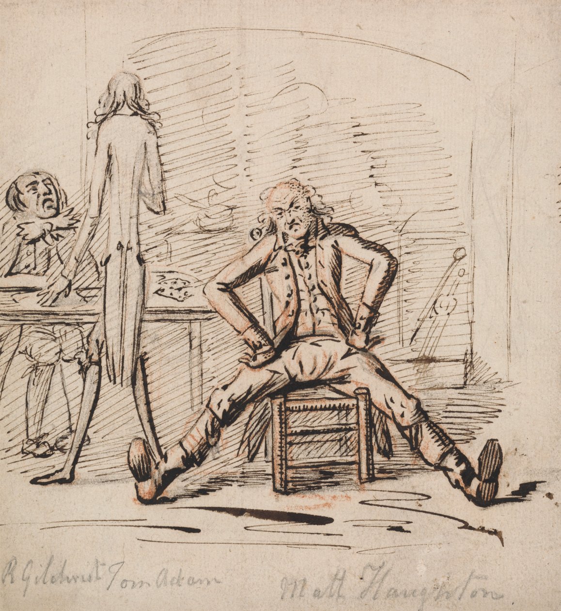 Três homens em uma sala: Gilchrist sentado à mesa, Tom Adam em pé, visto por trás e Matt Haughton sentado com as pernas abertas e os braços cruzados diante do fogo 作： ジョージシェファード