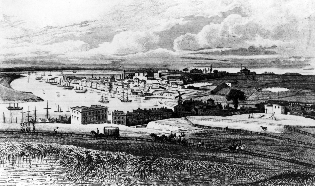 1831年に出版されたアイルランドの「ケントの歴史」で公開されたR.ロフによって刻まれたポートピットからのチャタムドックヤード 作： ジョージシェパード