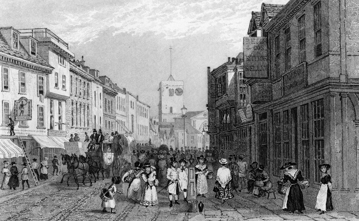 ケント州ダートフォードの市場の日、1830年頃、ヘンリーアダードによって彫刻 作： ジョージシェパード