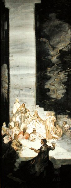 アーサー王がUskのCaerllanにいたときのClydnoの息子Kynonの物語（水彩にボディカラーと金色の絵の具、シルク 作： ジョージ・シェリンガム