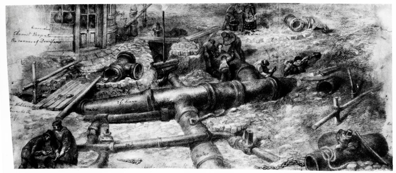 1845年にホルボーンに下水道を建設（紙にトイレとグラファイト） 作： ジョージ・スナー・シャープ