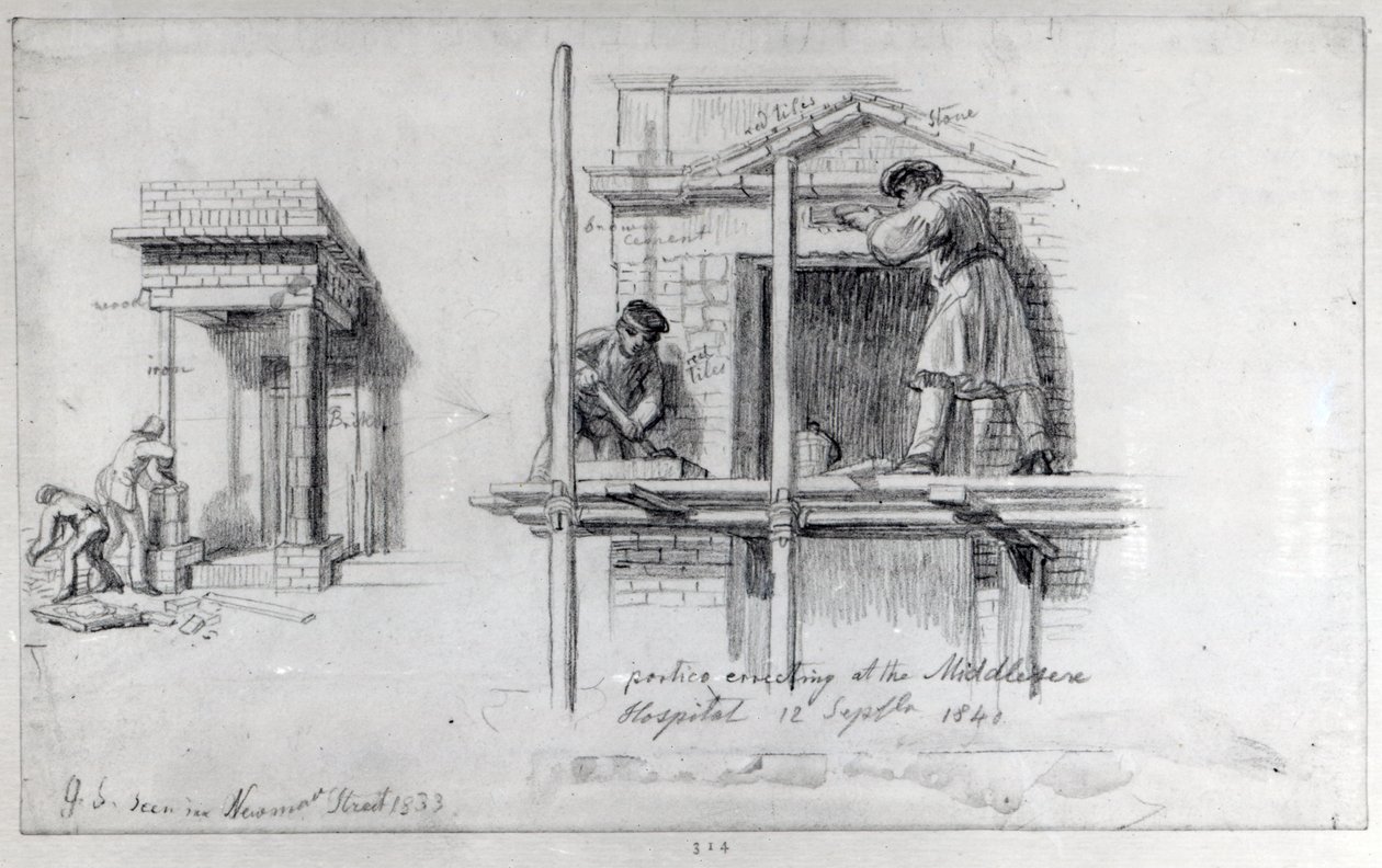1833年と1840年にロンドンのニューハムストリートとミドルセックス病院にポルティコスを建てる 作： ジョージ・スナー・シャープ