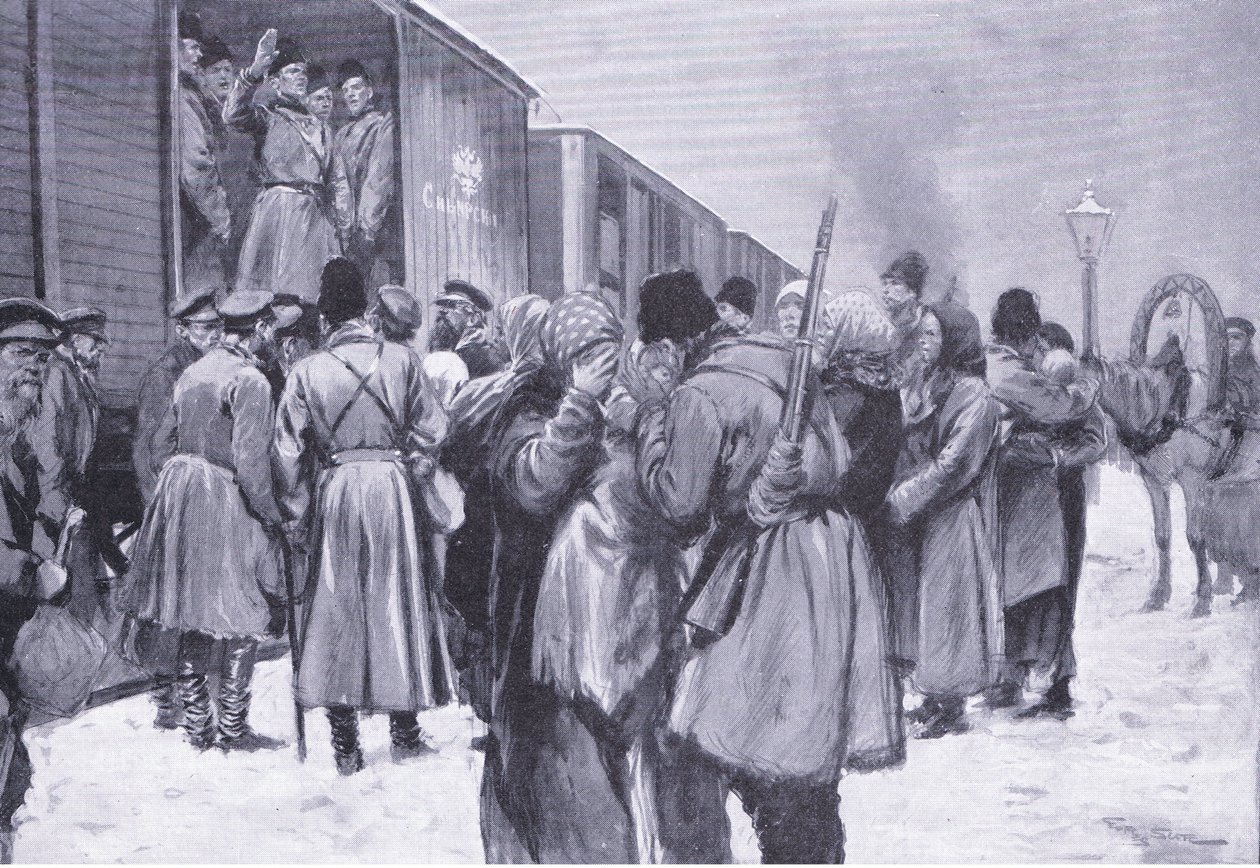 極東へのロシア軍の出発、カッセルの日露戦争の歴史第1巻、1900年からのイラスト 作： ジョージ・ソーパー