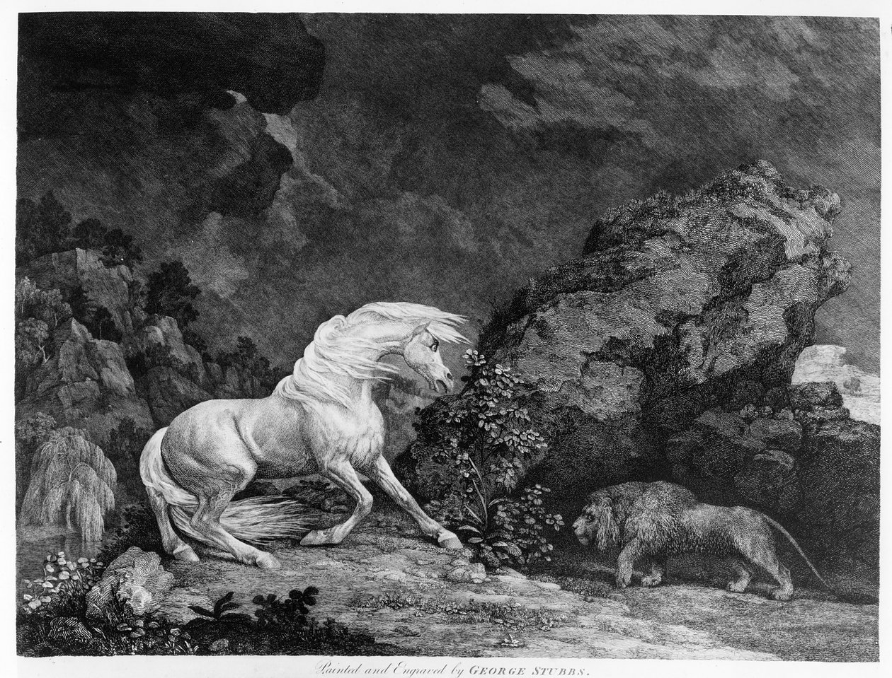 1777年に画家によって刻まれたライオンに襲われた馬 作： ジョージ・スタッブス