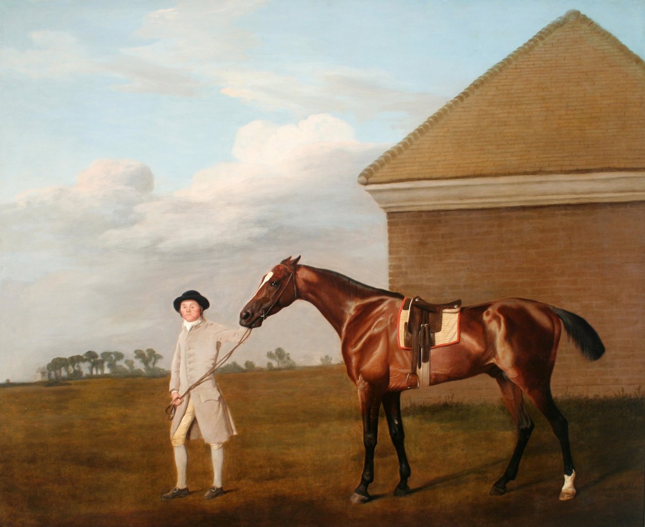 ニューマーケット・ヒースのラビング・ダウン・ハウス脇のファイアテイルと彼のトレーナー。1774年、トーマス・フォーリー（Thomas Foley, Esquire）の所有地[2]。 作： ジョージ・スタッブス