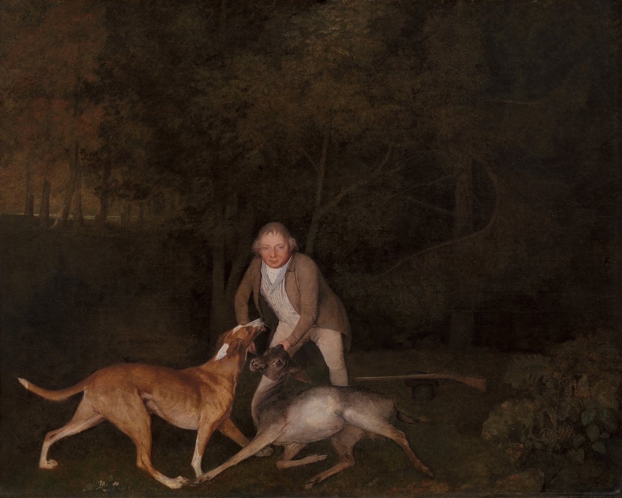 クラレンドン伯爵の猟場番人フリーマンと死にゆく雌鹿と猟犬、1800年。 作： ジョージ・スタッブス