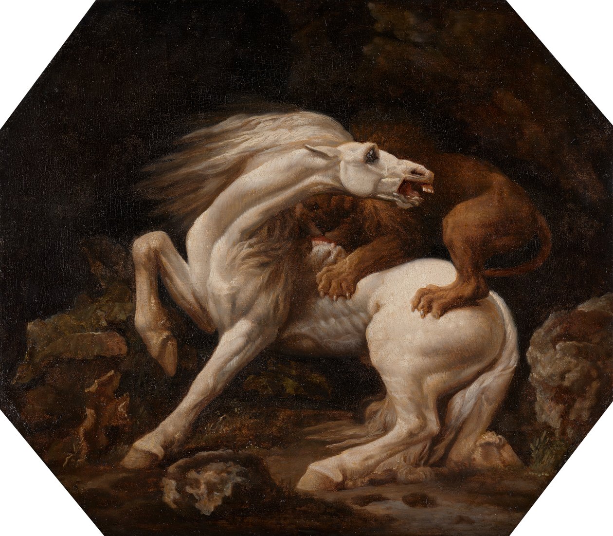 ライオンに襲われる馬 エピソード C、1768 年から 1769 年の間。 作： ジョージ・スタッブス