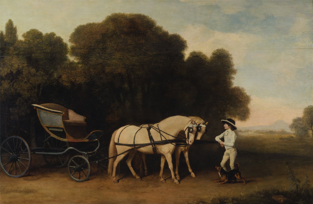 クリーム色のポニーと厩舎の子馬を連れたフェートン、1780 年と 1784 年。 作： ジョージ・スタッブス