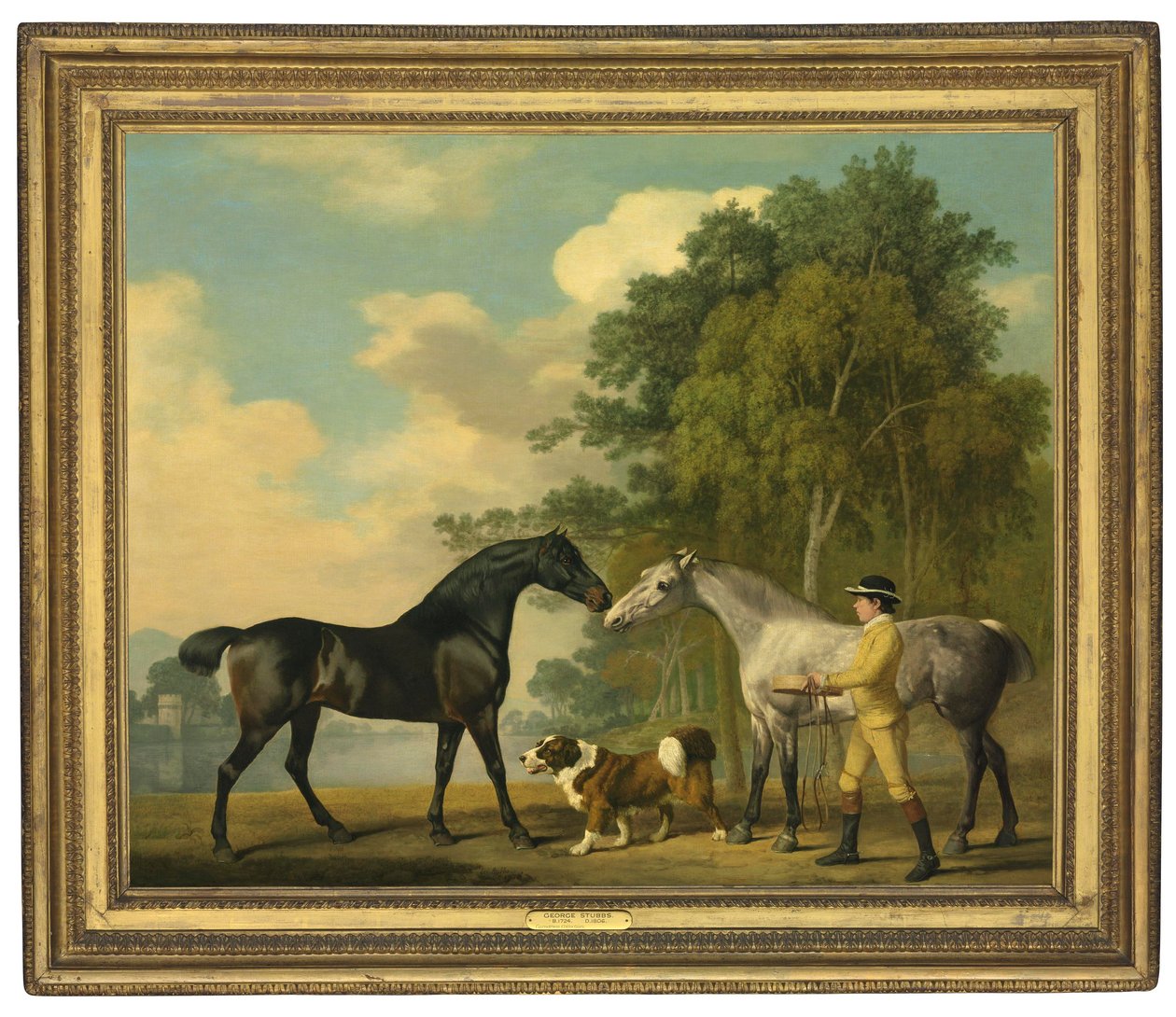 若い新郎と湖のそばの犬を連れた2人のハンター、1778年 作： ジョージ・スタッブス