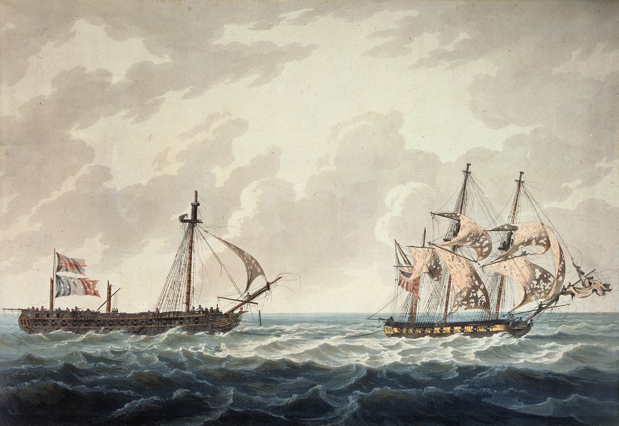 1810年にロバートクリッブが出版したR und D Havellによって刻まれた1809年7月6日の行動の後、フランスのフリゲート艦フリユーズを引いて彼の陛下のスループ、ボンチトエンヌ 作： ジョージウェブスター