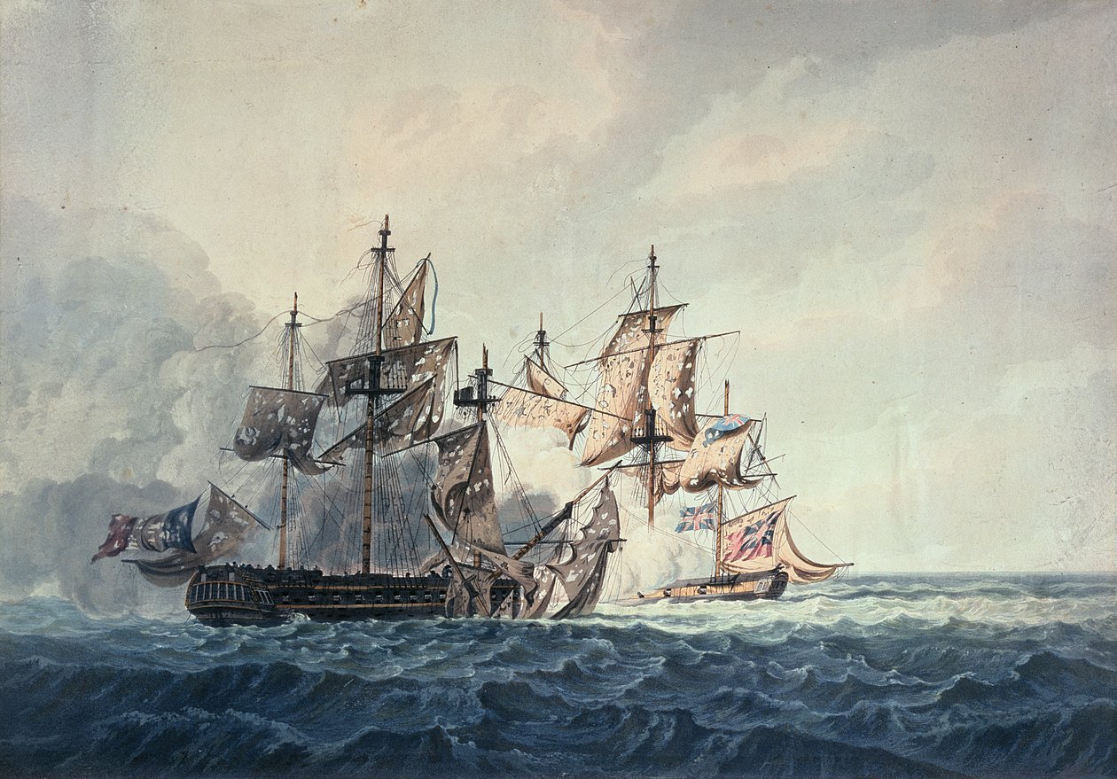 1810年にロバートクリッブが出版したR und D Havellが刻印した、1809年7月6日の西諸島のフランス領フリッグ船、ボンシトエンヌ国王陛下の行動 作： ジョージウェブスター
