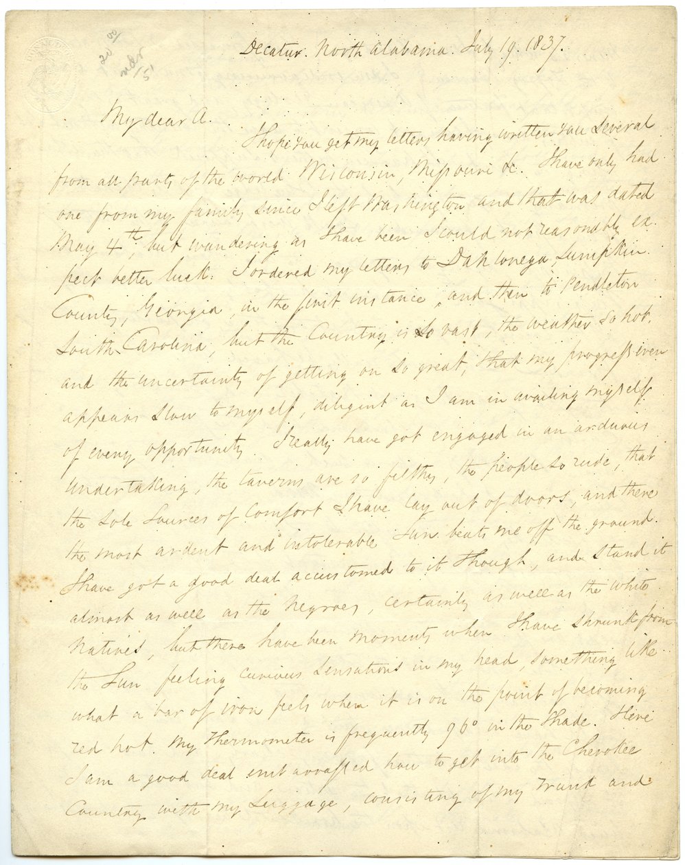 1837年7月19日、ノースカロライナ州ディケーター、アベール大佐（ジョン・ジェームズ・アベール）宛の不完全な手紙（G.W.フェザーストンハウのもの）。 作： ジョージウィリアムフェザーストンハウ