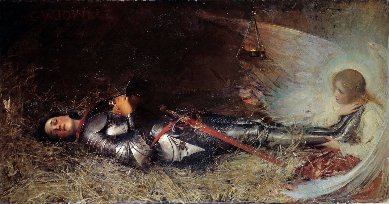 百年戦争：「ジョーン・オブ・アーク（1412-1431）の牢獄での眠り」ウィリアム・ジョージ・ジョイ（1844-1925）による絵画 1895年 作： ジョージ・ウィリアム・ジョイ